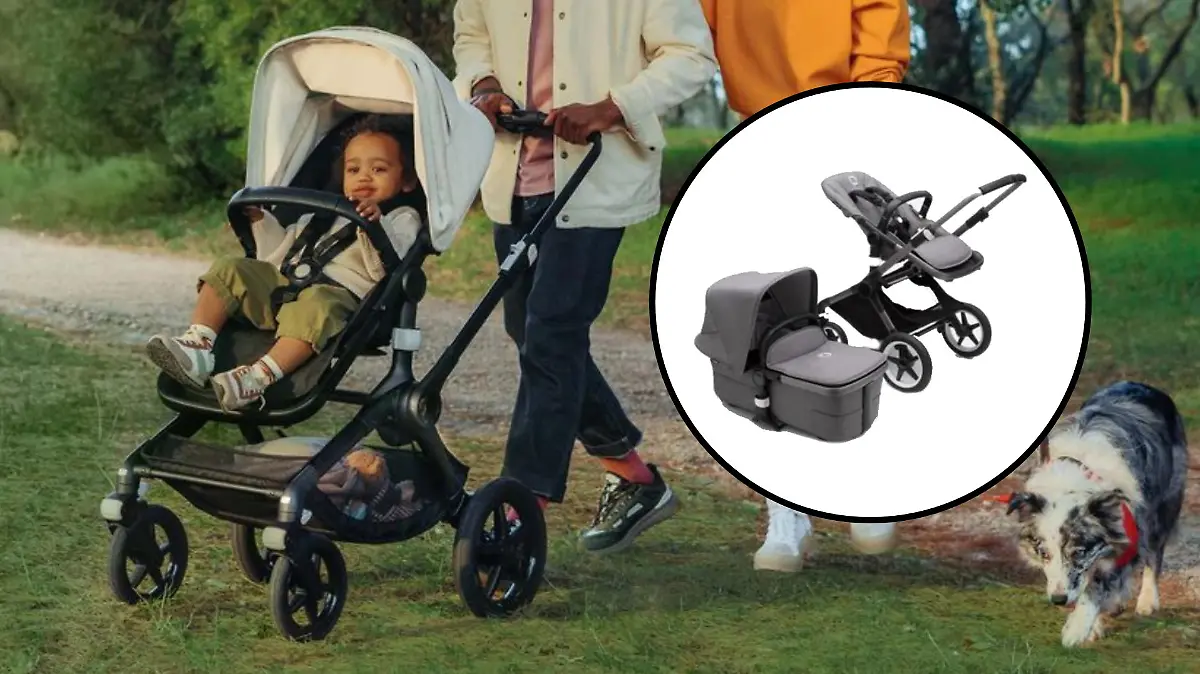 Frau, die Baby im Bugaboo Fox 3 schiebt.