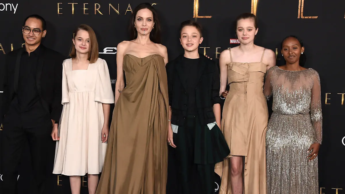 From left, Maddox Jolie-Pitt, Vivienne Jolie-Pitt, Angelina Jolie, Knox Jolie-Pitt, Shiloh Jolie-Pitt, and Zahara Jolie-Pitt arrive at the premiere of "Eternals" on Monday, Oct. 18. 2021, in Los Angeles. (Photo by Jordan Strauss/Invision/AP)