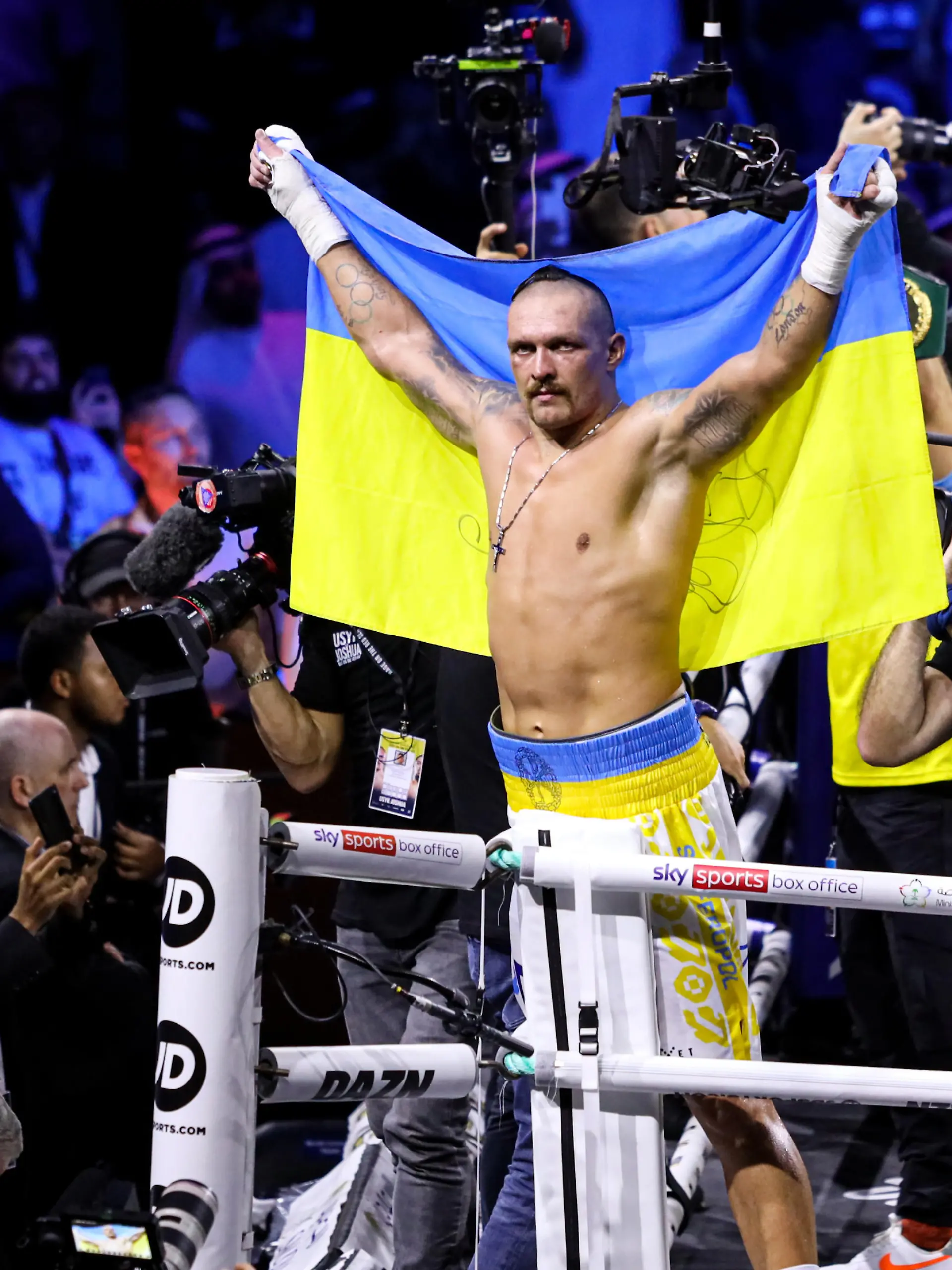 JEDDAH, SAUDI ARABIA - AUGUST 20: Oleksandr Usyk of Ukraine celebrates after defeating Anthony Joshua of Great Britain in boxing rematch under the name of "Rage in the Red Sea" at King Abdullah Sports Complex in Jeddah, Saudi Arabia on August 20, 2022. Ayman Yaqoob / Anadolu Agency