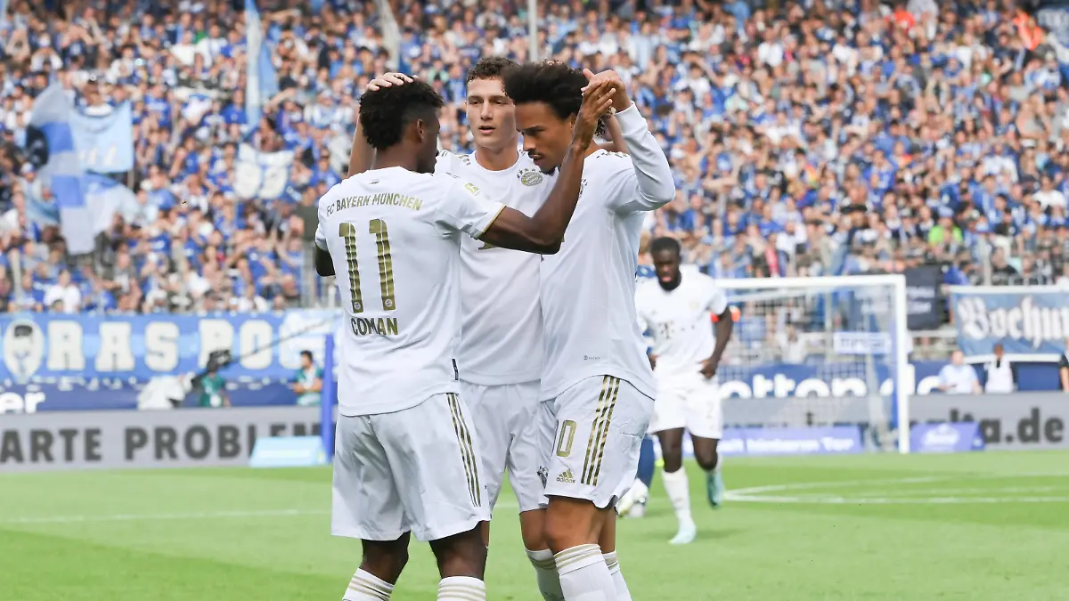  Jubel 0:1, v.re., Leroy Sane Bayern Muenchen, Benjamin Pavard FC Bayern Muenchen, Kingsley Coman Bayern Muenchen 21.08.2022, Fussball GER, Saison 2022 2023, 1. Bundesliga, 3. Spieltag, VfL Bochum - FC Bayern München Foto: Maik Hölter/TEAM2sportphoto DFL regulations prohibit any use of photographs as image sequences and/or quasi-video Bochum Vonovia Ruhrstadion Nordrhein Westfalen Deutschland *** Jubel 0 1, v re , Leroy Sane Bayern Muenchen , Benjamin Pavard FC Bayern Muenchen , Kingsley Coman Bayern Muenchen 21 08 2022, Fussball GER, Saison 2022 2023, 1 Bundesliga, 3 Spieltag, VfL Bochum FC Bayern München Foto Maik Hölter TEAM2sportphoto DFL regulations prohibit any use of photographs as image sequences and or quasi video Bochum Vonovia Ruhrstadion Nordrhein Westfalen Germany Team2