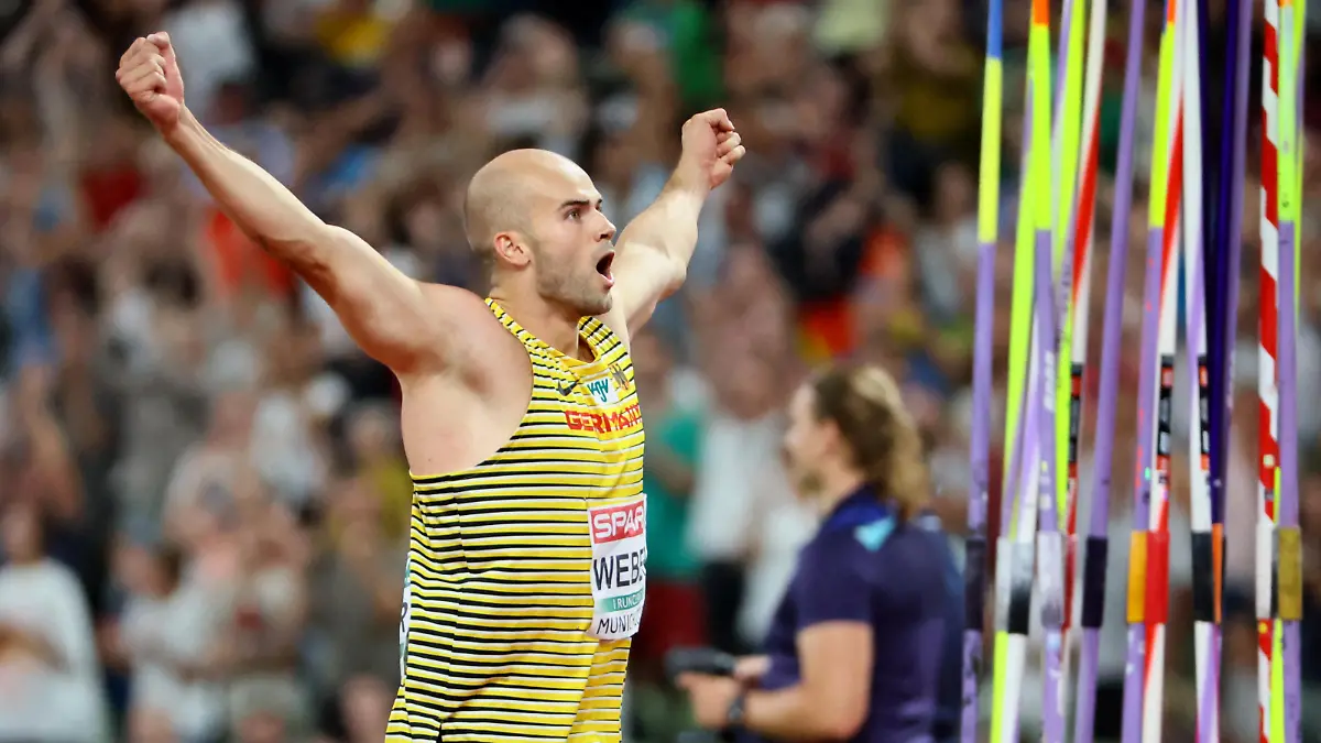 2022 European Championships - Athletics - Olympiastadion, Munich, Germany - August 21, 2022 Germany's Julian Weber reacts during the men's javelin throw final REUTERS/Wolfgang Rattay