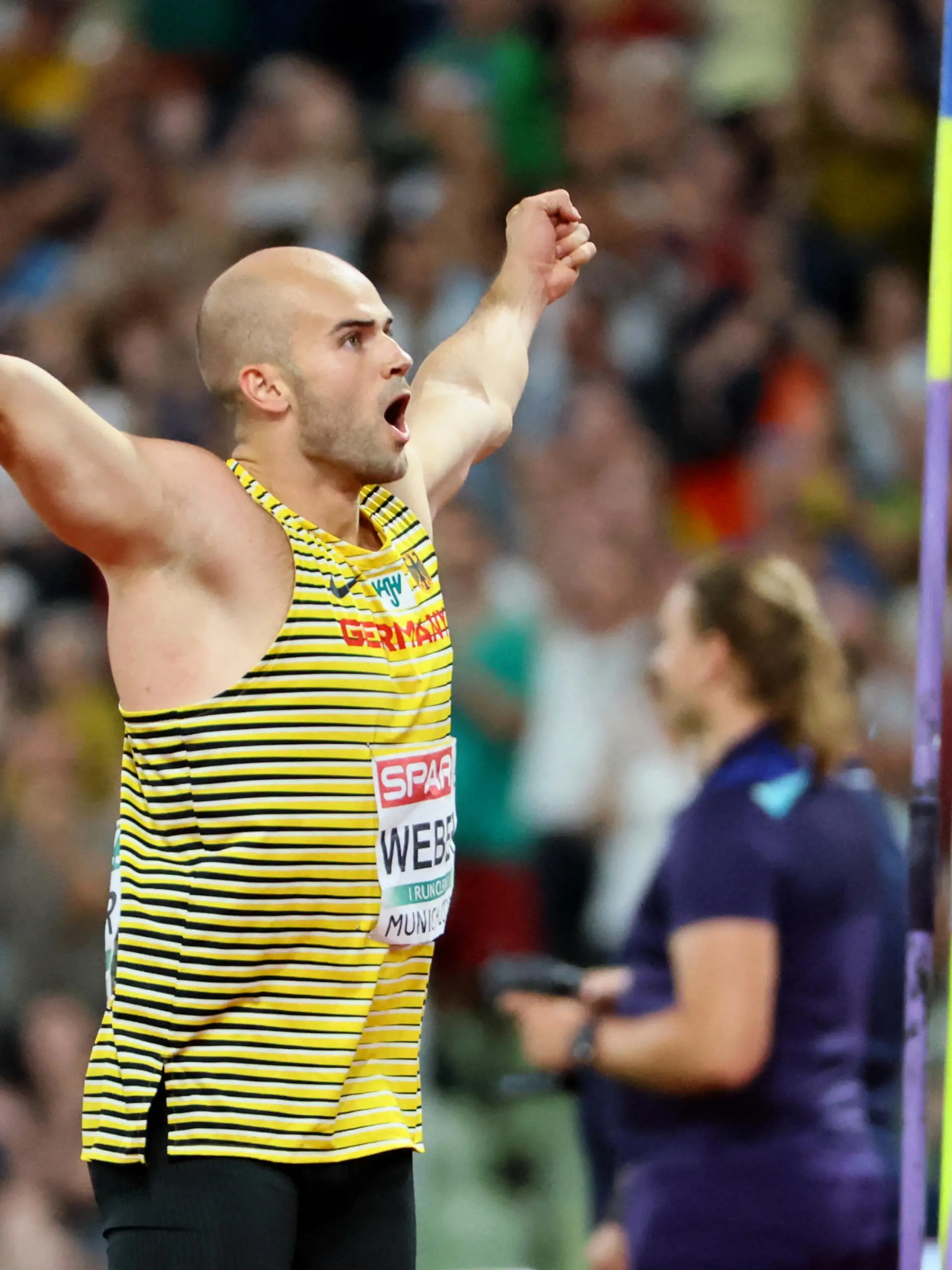 2022 European Championships - Athletics - Olympiastadion, Munich, Germany - August 21, 2022 Germany's Julian Weber reacts during the men's javelin throw final REUTERS/Wolfgang Rattay