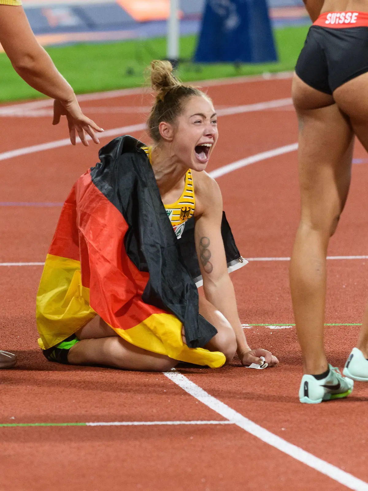 August 17, 2022: 16.8.2022, Munich, Olympiastadion, European Championships Munich 2022: Athletics, Gina Lueckenkemper (GER) after the womens 100m final (Credit Image: © Sven BeyrichJp/Sport Press Photo via ZUMA Press) / action press