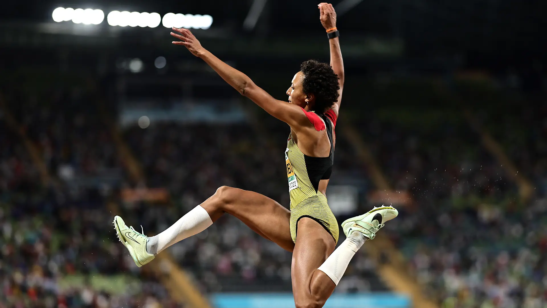MUNICH, GERMANY - AUGUST 18: Malaika Mihambo of Germany competes in the Women's Long Jump Final during the Athletics competition on day 8 of the European Championships Munich 2022 at Olympiapark on August 18, 2022 in Munich, Germany. (Photo by Simon Hofmann/Getty Images for European Athletics)