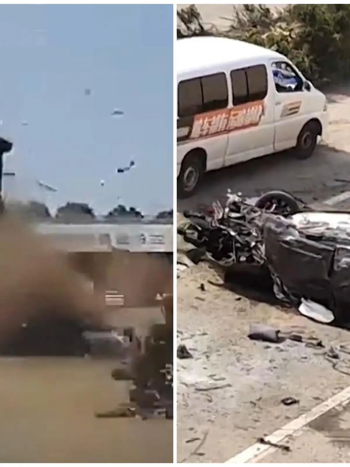 Ganz plötzlich fliegt ein schwarzes Auto in China über die Leitplanke in den Gegenverkehr. Es trifft zwei weitere Autos. Bei dem Crash werden zwei Menschen verletzt und kommen ins Krankenhaus. Sie sind jedoch nicht in Lebensgefahr.