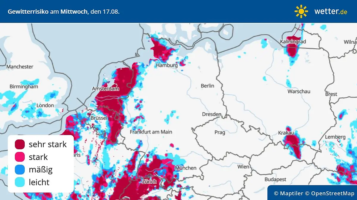 Die Grafik zeigt das Gewitterrisiko für Mittwoch, 17.08.2022