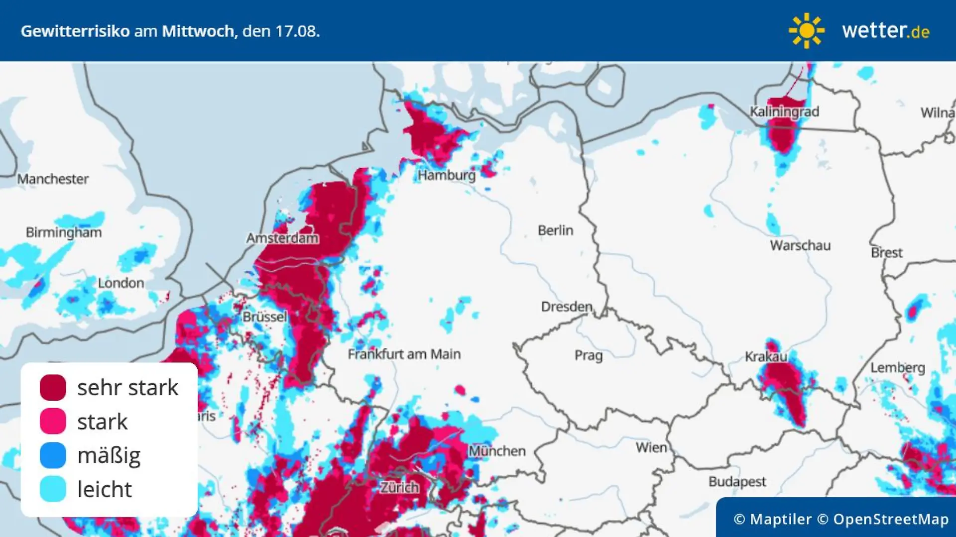 Die Grafik zeigt das Gewitterrisiko für Mittwoch, 17.08.2022