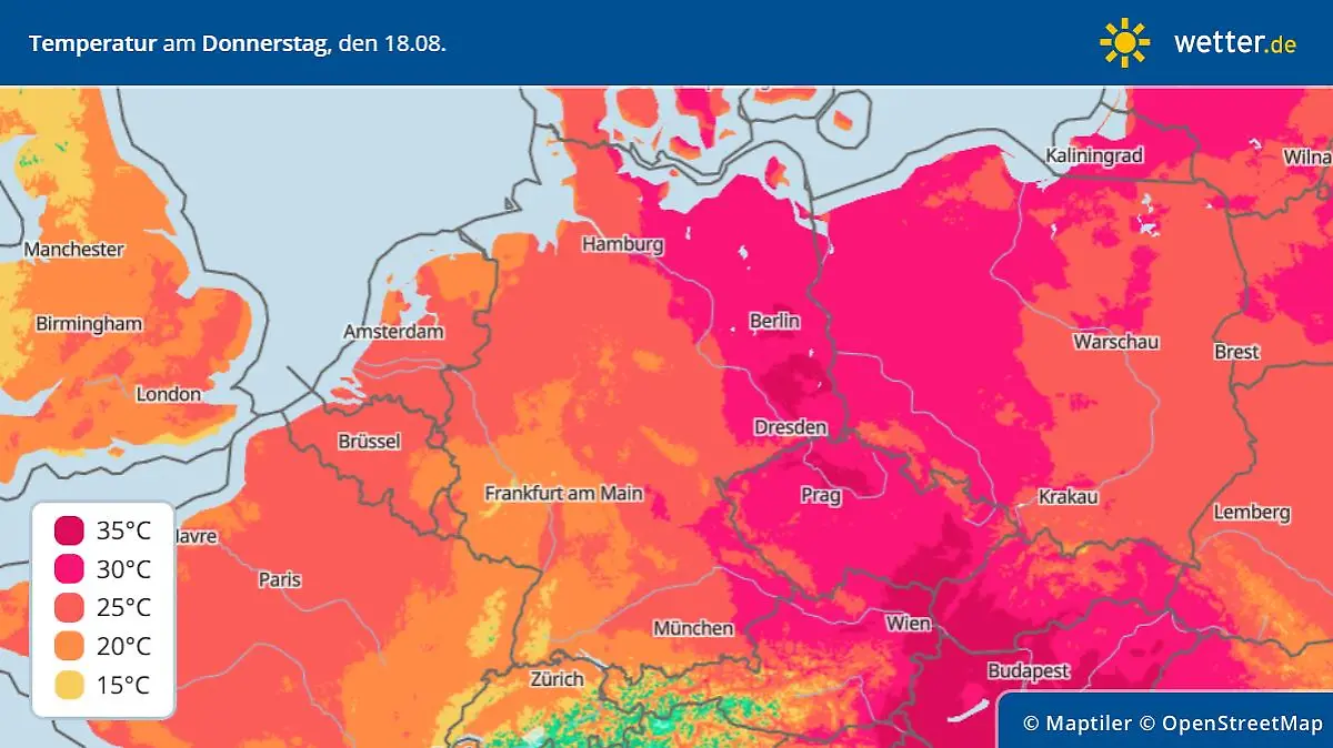 Die Grafik zeigt die Höchstwerte für Deutschland am Donnerstag, 18.08.2022