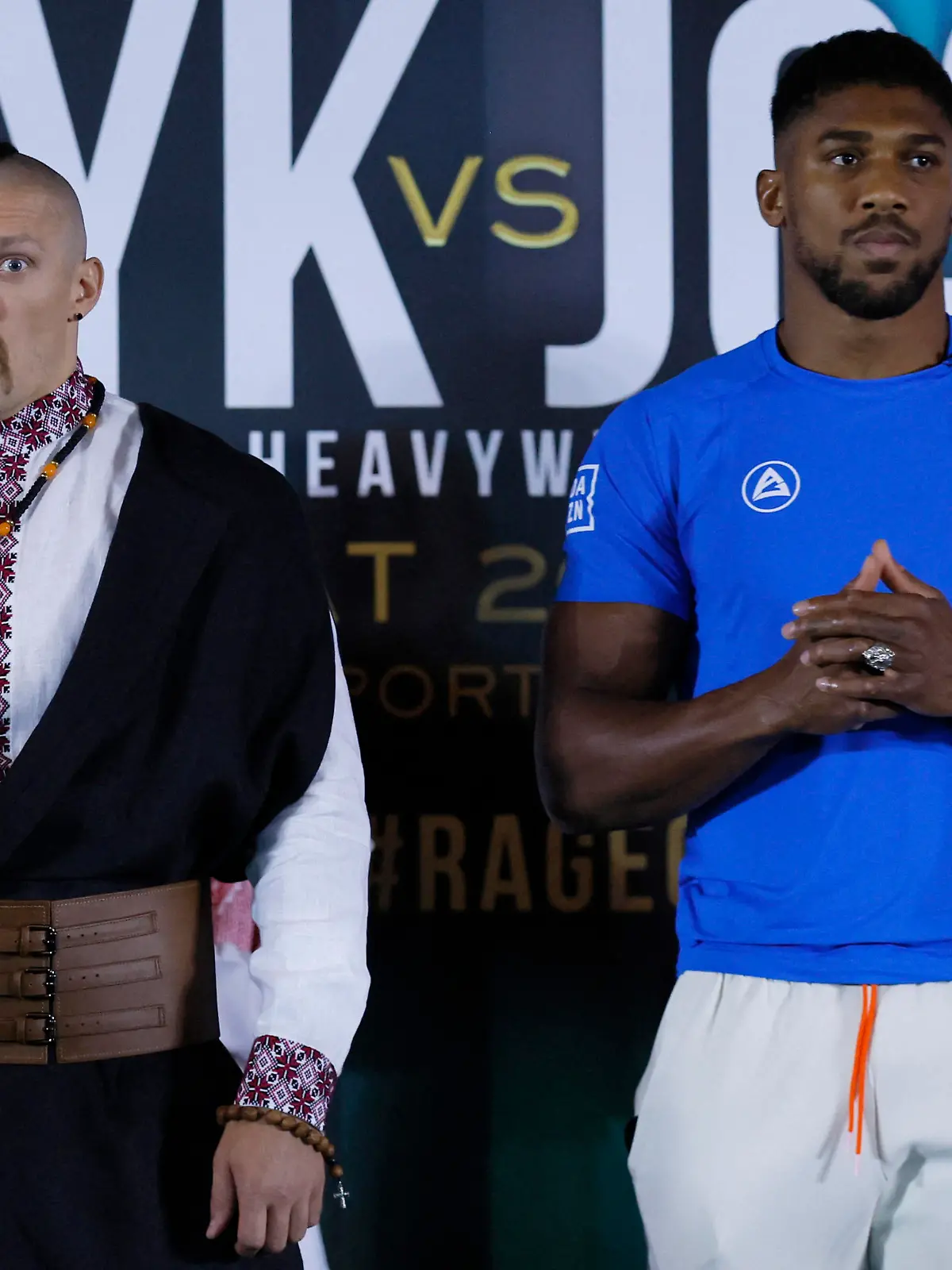 Boxing - Oleksandr Usyk v Anthony Joshua - WBA, WBO and IBF heavyweight world title - Press Conference - Shangri-La Ballroom, Jeddah, Saudi Arabia - August 17, 2022 Oleksandr Usyk, Anthony Joshua and promoter Eddie Hearn during the press conference Action Images via Reuters/Andrew Couldridge