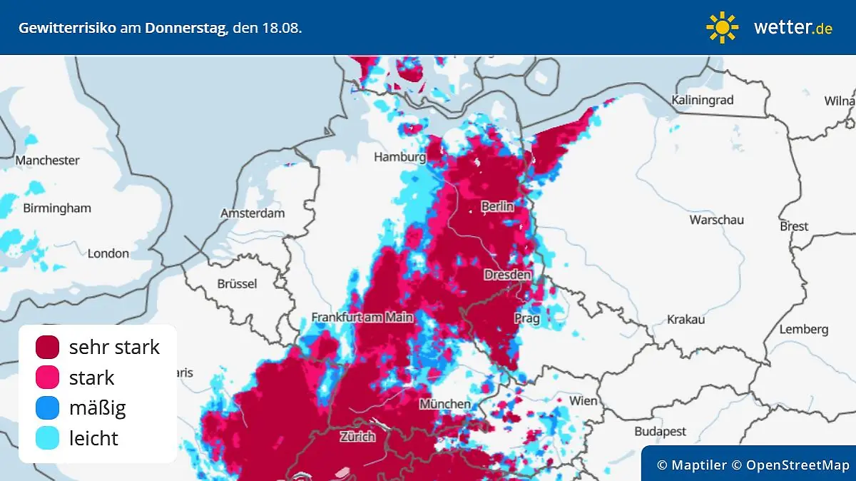 Die Grafik zeigt das Gewitterrisiko für Donnerstag, 18.08.2022
