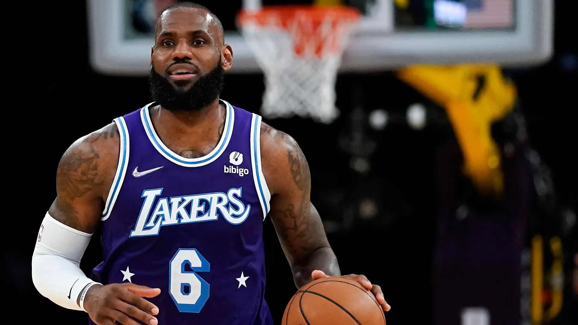 FILE - Los Angeles Lakers forward LeBron James (6) controls the ball during an NBA basketball game against the New Orleans Pelicans in Los Angeles, Friday, April 1, 2022. The NBA schedule comes out Wednesday afternoon, Aug. 17, 2022, and it'll provide the first look at, among other things, when LeBron James might pass Kareem Abdul-Jabbar as the NBA's all-time scoring leader. (AP Photo/Ashley Landis, File)