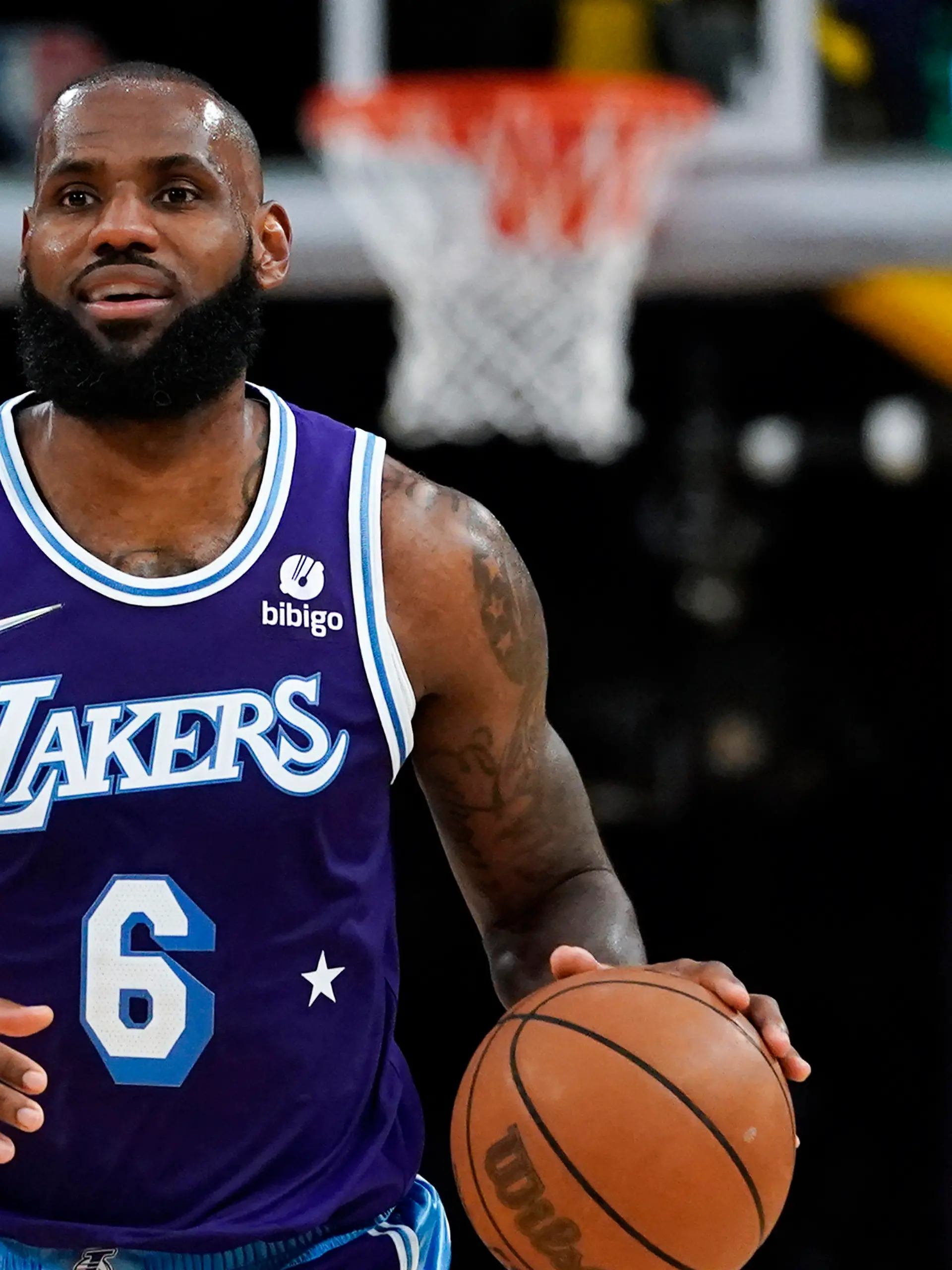 FILE - Los Angeles Lakers forward LeBron James (6) controls the ball during an NBA basketball game against the New Orleans Pelicans in Los Angeles, Friday, April 1, 2022. The NBA schedule comes out Wednesday afternoon, Aug. 17, 2022, and it'll provide the first look at, among other things, when LeBron James might pass Kareem Abdul-Jabbar as the NBA's all-time scoring leader. (AP Photo/Ashley Landis, File)