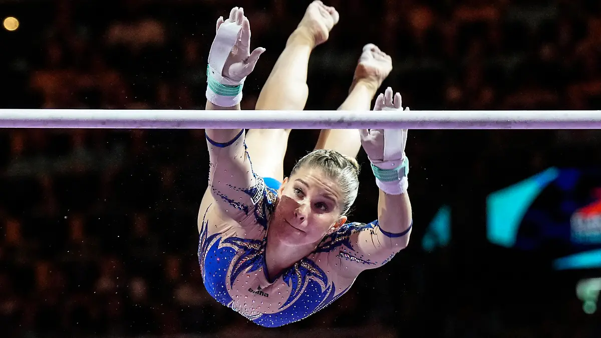 Germany's Elisabeth Seitz competes to win the women's uneven bars finall during the European Gymnastics Championships in Munich, Germany, Sunday, Aug. 14, 2022. (AP Photo/Martin Meissner)