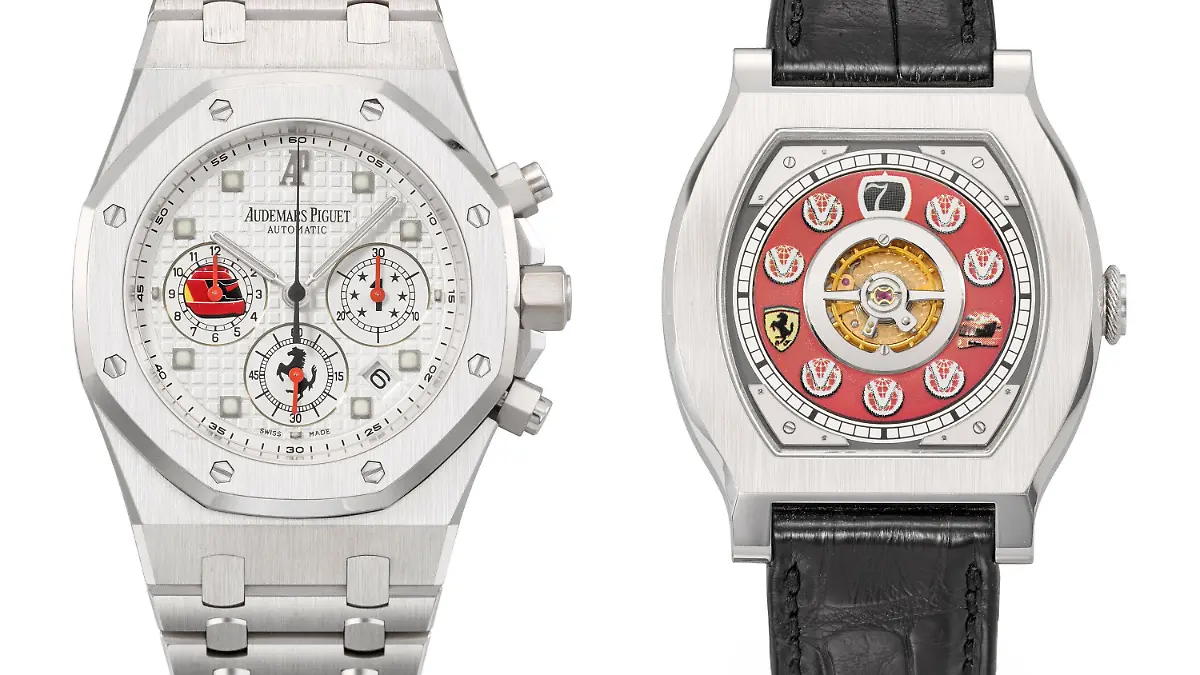HANDOUT - 20.03.2024, Schweiz, Genf: Die Kombo zeigt ein Audemars Piguet Royal Oak-Chronograph (l) und die Journe Vagabondage 1 Model-Uhr, beide aus dem Besitz von Michael Schumacher (undatierte Aufnahmen). In Genf werden am 13.05.2024 mehrere Uhren aus dem Privatbesitz des früheren Formel-1-Weltmeisters versteigert. Die Auktion markiere den 30. Jahrestag von Schumachers erstem Weltmeistertitel 1994, teilte Christie's am 20.03.2024 mit. Foto: -/Christie's/dpa - ACHTUNG: Nur zur redaktionellen Verwendung im Zusammenhang mit einer Berichterstattung über die Auktion und nur mit vollständiger Nennung des vorstehenden Credits +++ dpa-Bildfunk +++