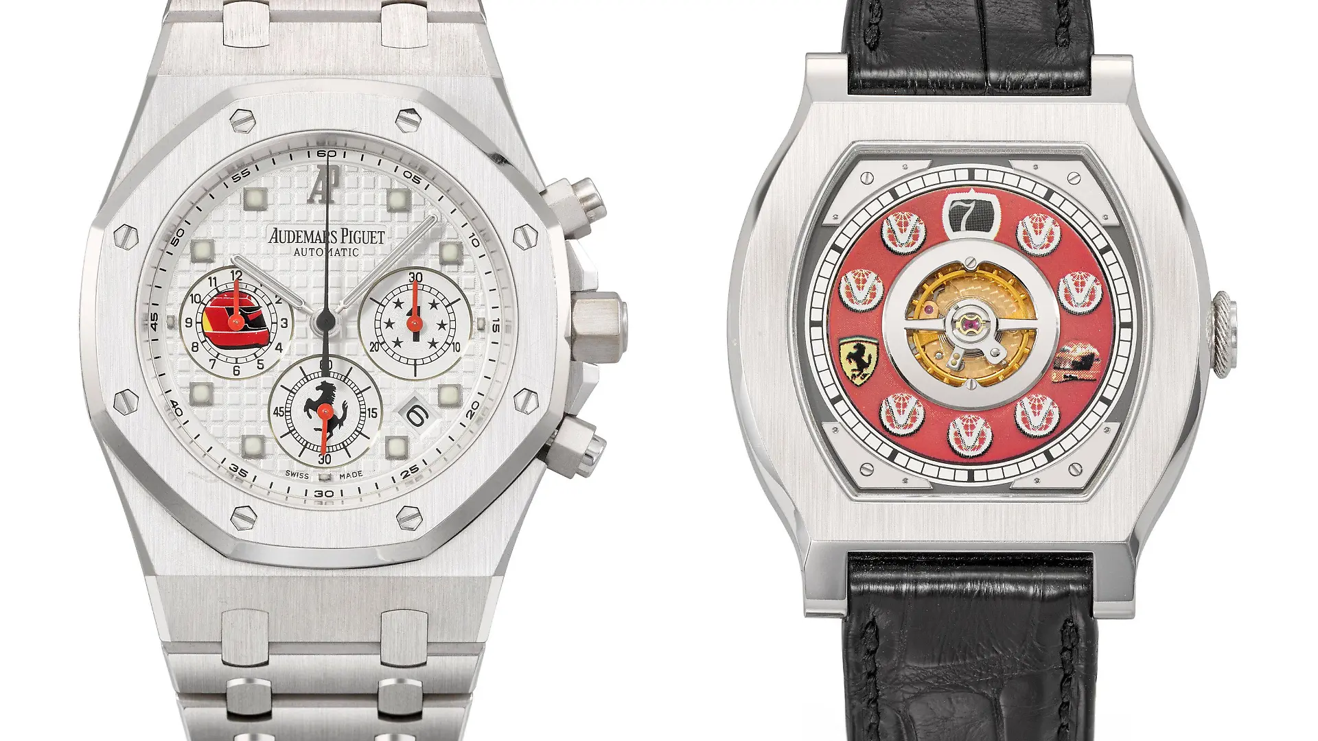 HANDOUT - 20.03.2024, Schweiz, Genf: Die Kombo zeigt ein Audemars Piguet Royal Oak-Chronograph (l) und die Journe Vagabondage 1 Model-Uhr, beide aus dem Besitz von Michael Schumacher (undatierte Aufnahmen). In Genf werden am 13.05.2024 mehrere Uhren aus dem Privatbesitz des früheren Formel-1-Weltmeisters versteigert. Die Auktion markiere den 30. Jahrestag von Schumachers erstem Weltmeistertitel 1994, teilte Christie's am 20.03.2024 mit. Foto: -/Christie's/dpa - ACHTUNG: Nur zur redaktionellen Verwendung im Zusammenhang mit einer Berichterstattung über die Auktion und nur mit vollständiger Nennung des vorstehenden Credits +++ dpa-Bildfunk +++