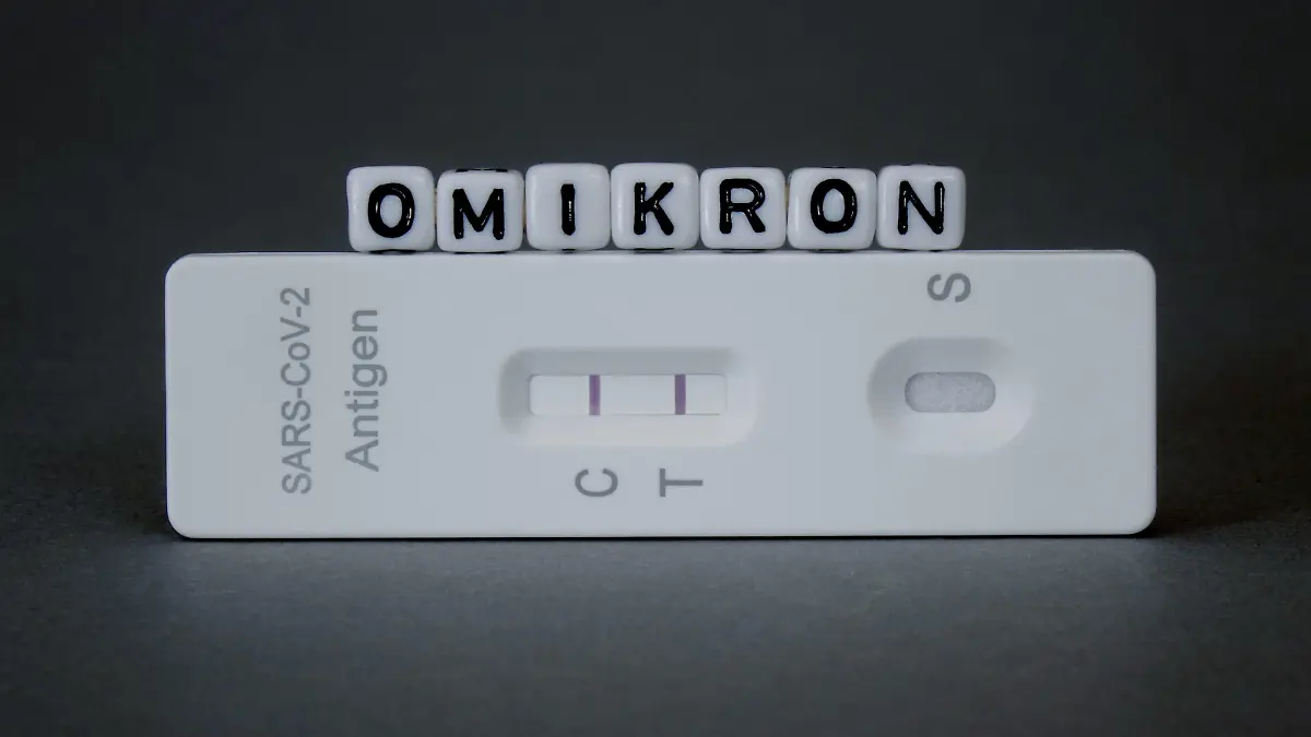Testkit und Omikron Testkit und Omikron, 30.11.2021, Borkwalde, Brandenburg, Auf einem Testkit liegen Buchstabenwürfel mit dem Schriftzug Omikron. *** Testkit and Omikron Testkit and Omikron, 30 11 2021, Borkwalde, Brandenburg, On a testkit are letter cubes with the writing Omikron