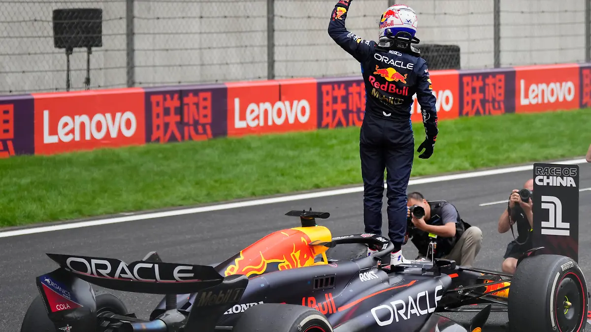 Red Bull driver Max Verstappen of the Netherlands celebrates after winning the Chinese Formula One Grand Prix at the Shanghai International Circuit, Shanghai, China, Sunday, April 21, 2024. (AP Photo)