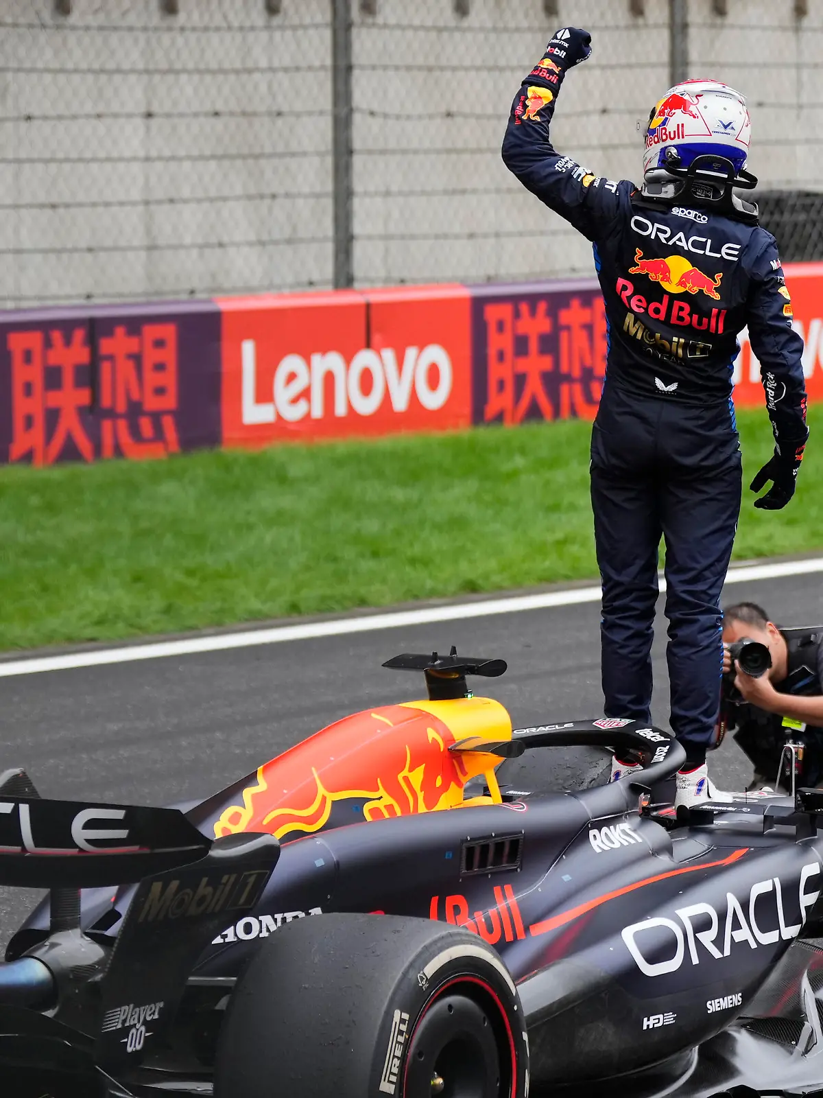 Red Bull driver Max Verstappen of the Netherlands celebrates after winning the Chinese Formula One Grand Prix at the Shanghai International Circuit, Shanghai, China, Sunday, April 21, 2024. (AP Photo)