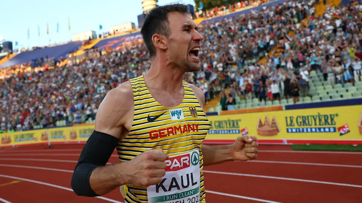 Athletics - 2022 European Championships - Olympiastadion, Munich, Germany - August 16, 2022 Germany's Niklas Kaul celebrates during the Men's Decathlon Javelin Throw - Group B REUTERS/Kai Pfaffenbach