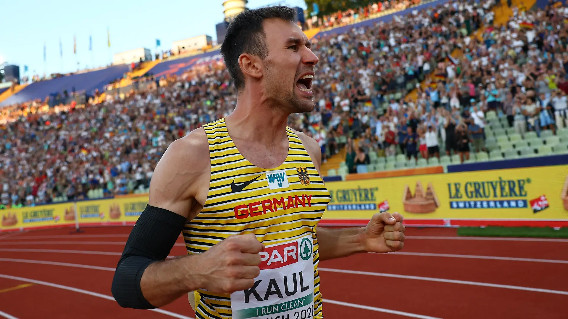 Athletics - 2022 European Championships - Olympiastadion, Munich, Germany - August 16, 2022 Germany's Niklas Kaul celebrates during the Men's Decathlon Javelin Throw - Group B REUTERS/Kai Pfaffenbach