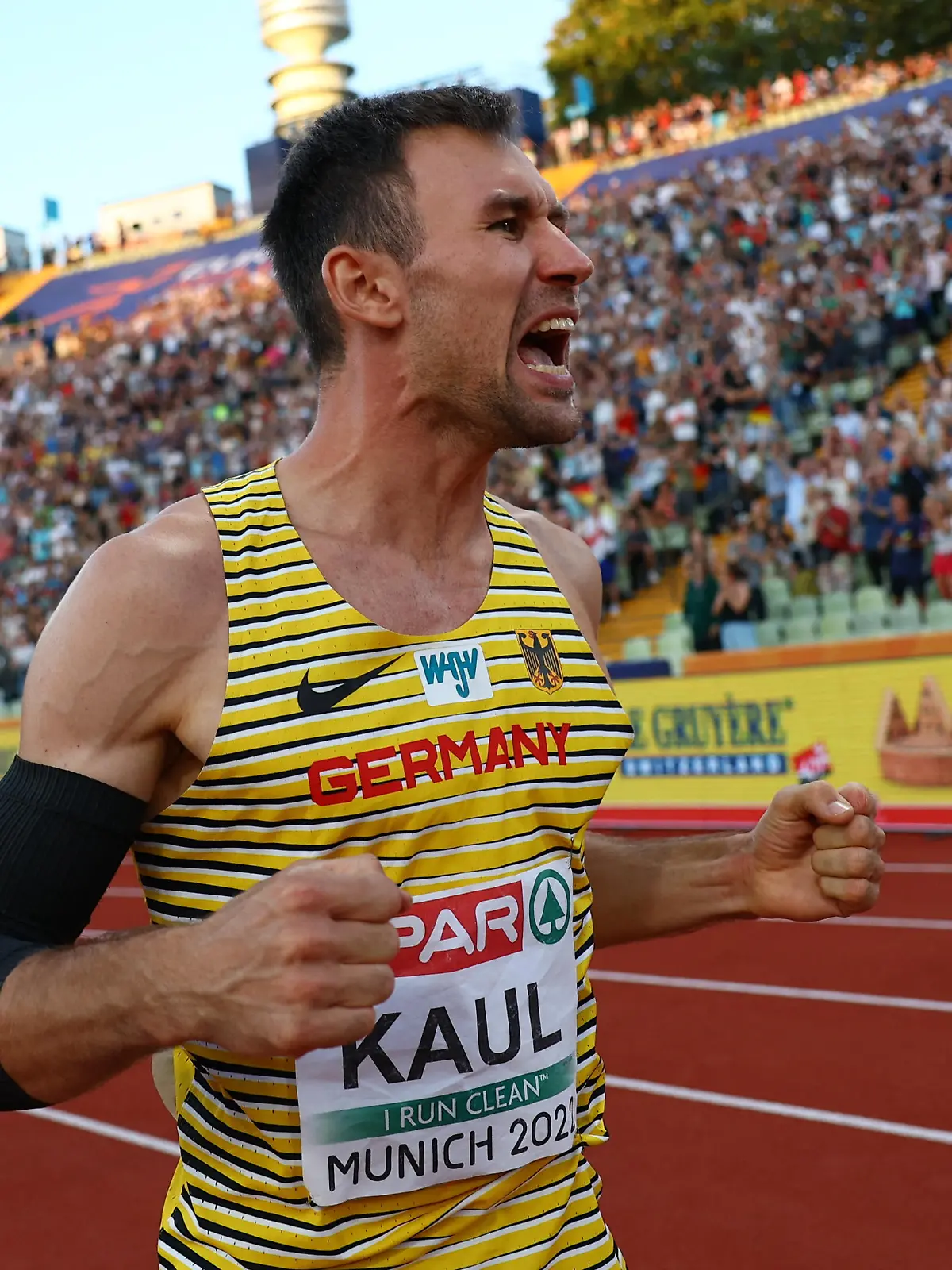 Athletics - 2022 European Championships - Olympiastadion, Munich, Germany - August 16, 2022 Germany's Niklas Kaul celebrates during the Men's Decathlon Javelin Throw - Group B REUTERS/Kai Pfaffenbach