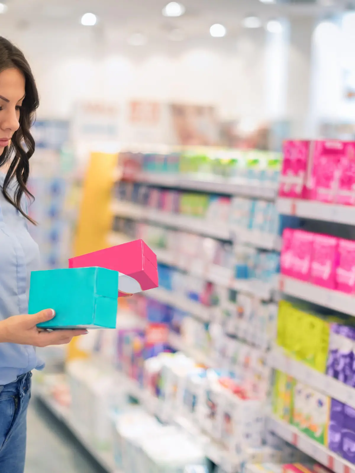 Frau kauft Menstruationsartikel in Drogeriemarkt.