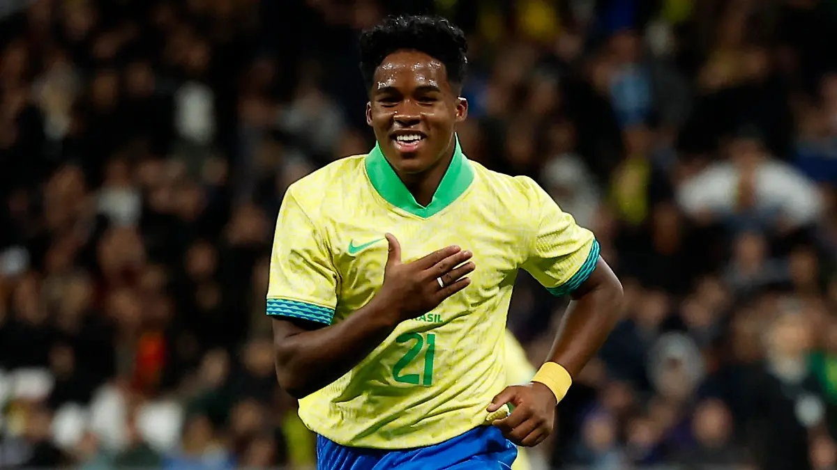 Soccer Football - International Friendly - Spain v Brazil - Santiago Bernabeu, Madrid, Spain - March 26, 2024 Brazil's Endrick celebrates scoring their second goal REUTERS/Juan Medina
