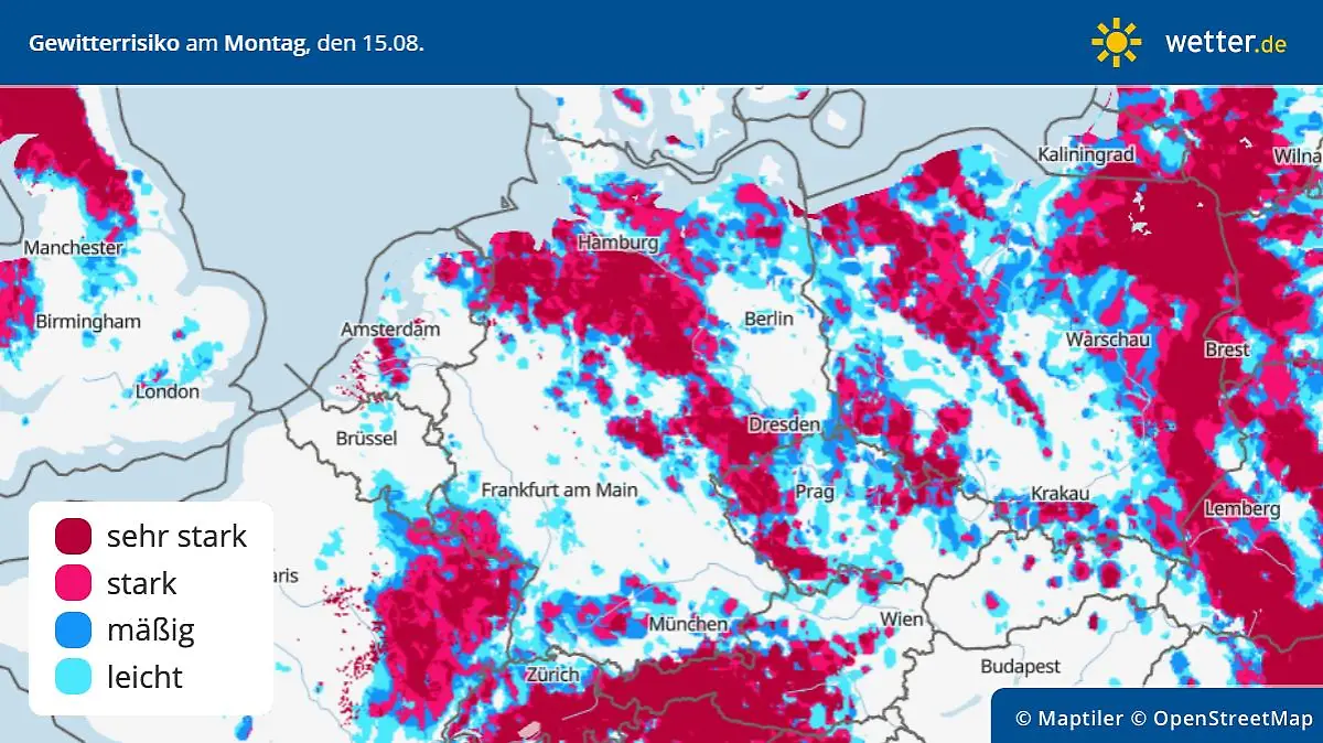 Die Grafik zeigt das Gewitterrisiko für Montag, 15.08.2022