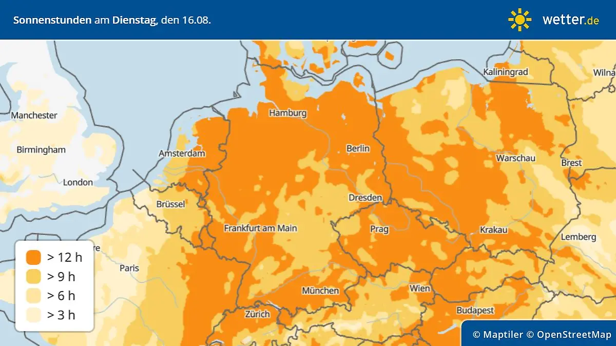 Die Grafik zeigt die Sonnenstunden für Dienstag, 16.08.2022