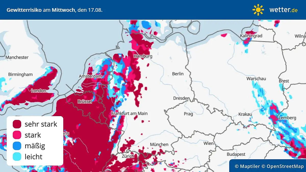 Die Grafik zeigt das Gewitterrisiko für Mittwoch, 17.08.2022