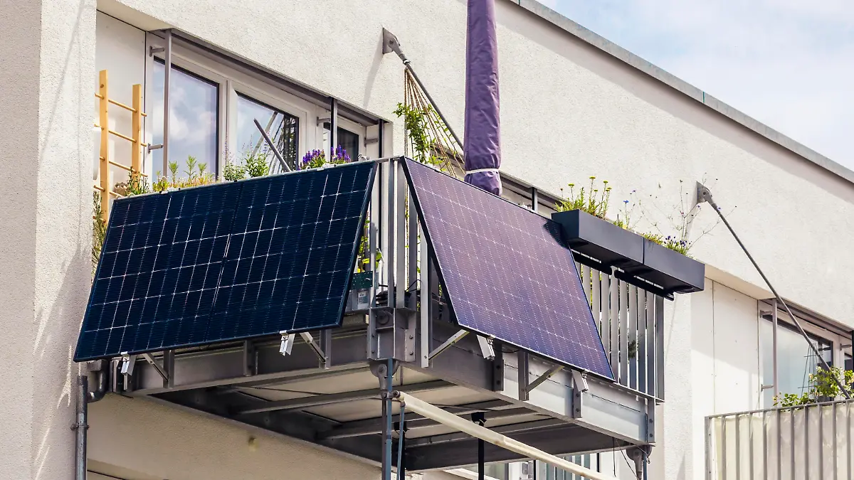 Mini Solar Panel Balcony of Apartment Building. Modern Balcony with Solar Battery Power.