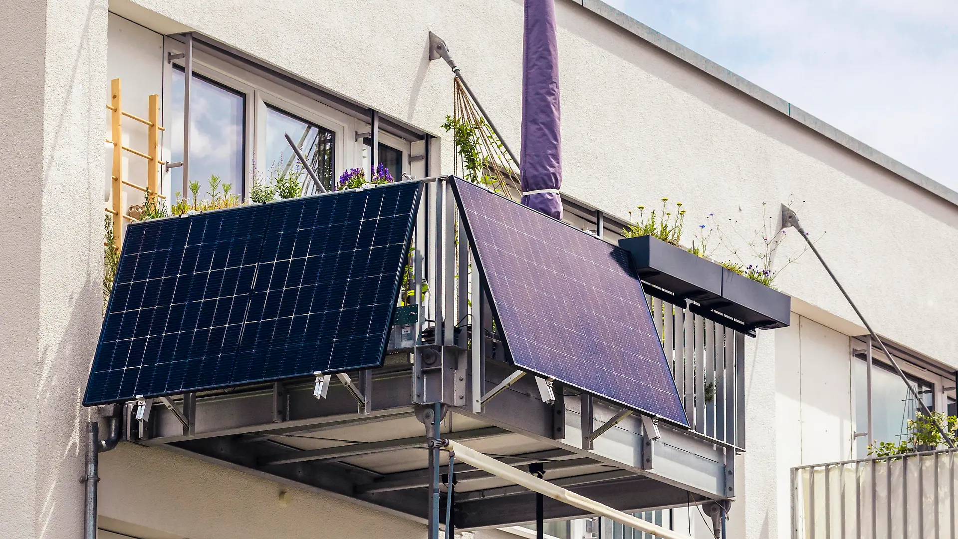 Mini Solar Panel Balcony of Apartment Building. Modern Balcony with Solar Battery Power.