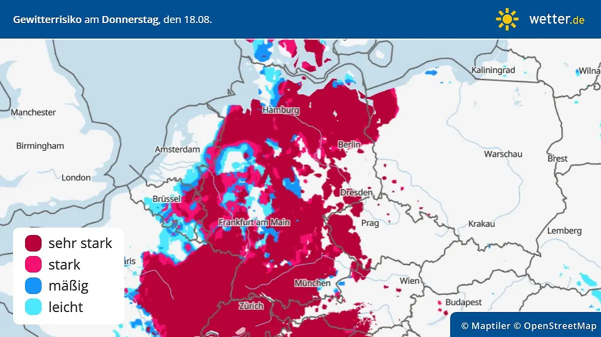 Die Grafik zeigt das Gewitterrisiko für Donnerstag, 18.08.2022