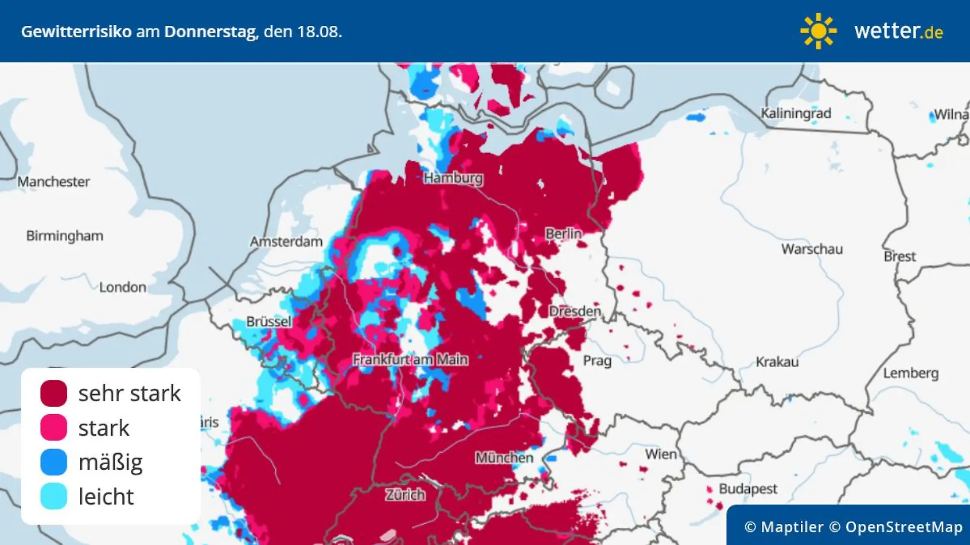 Die Grafik zeigt das Gewitterrisiko für Donnerstag, 18.08.2022
