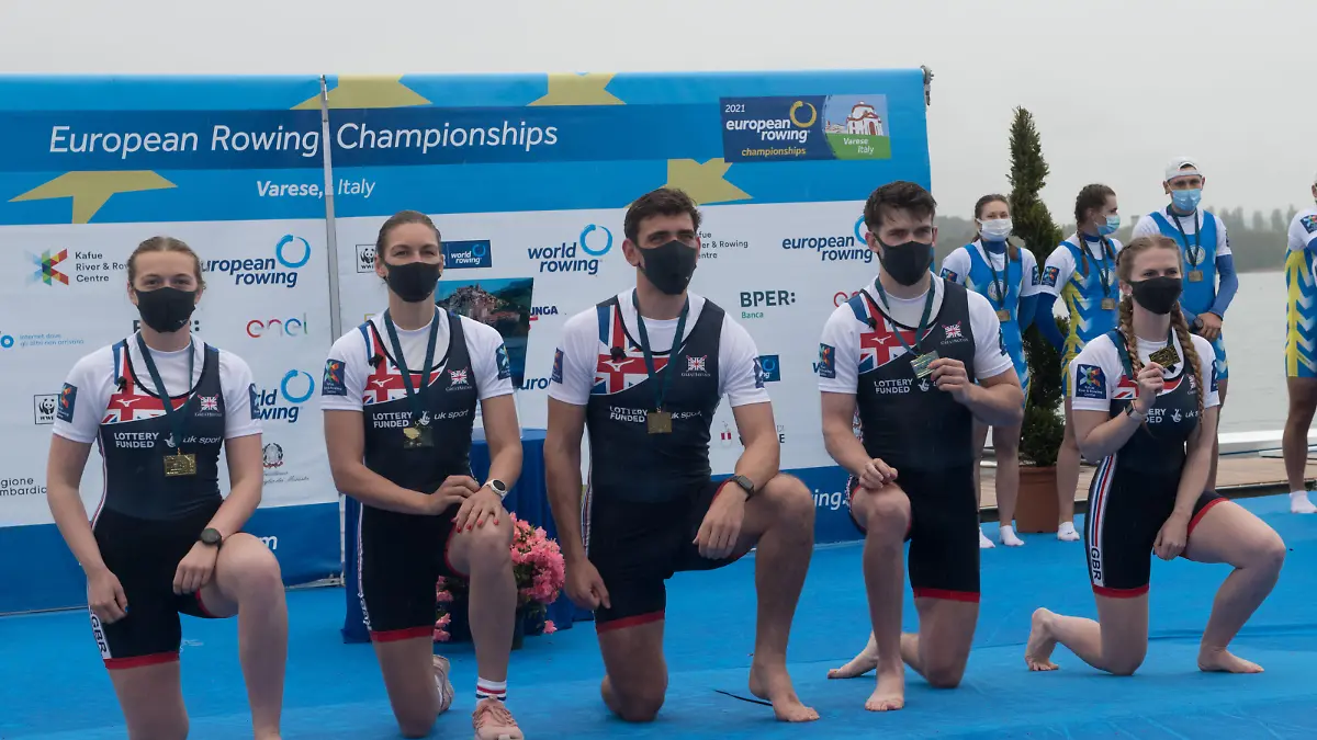Ellen Buttrick, Giedre Rakauskaite, James C. Fox Oliver Stanhope, KENNEDY Erin (GBR) gold medal, PR3 Mixed Coxed Four during European Rowing Championships 2021 , Canoying in Varese, Italy, April 11 2021