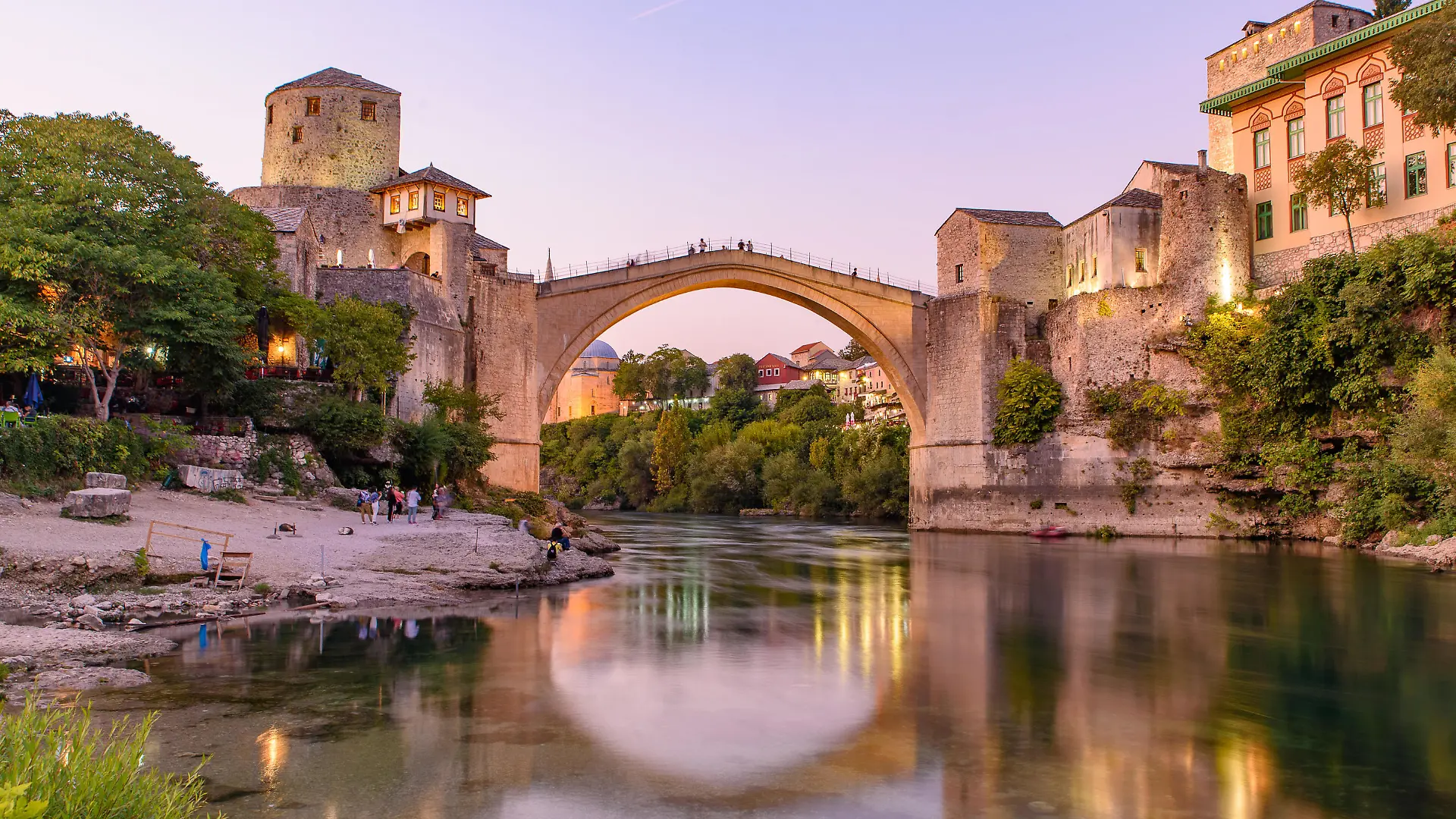 Mostar Bridge at sunset time, an Ottoman bridge in Mostar, Bosnia and Herzegovina