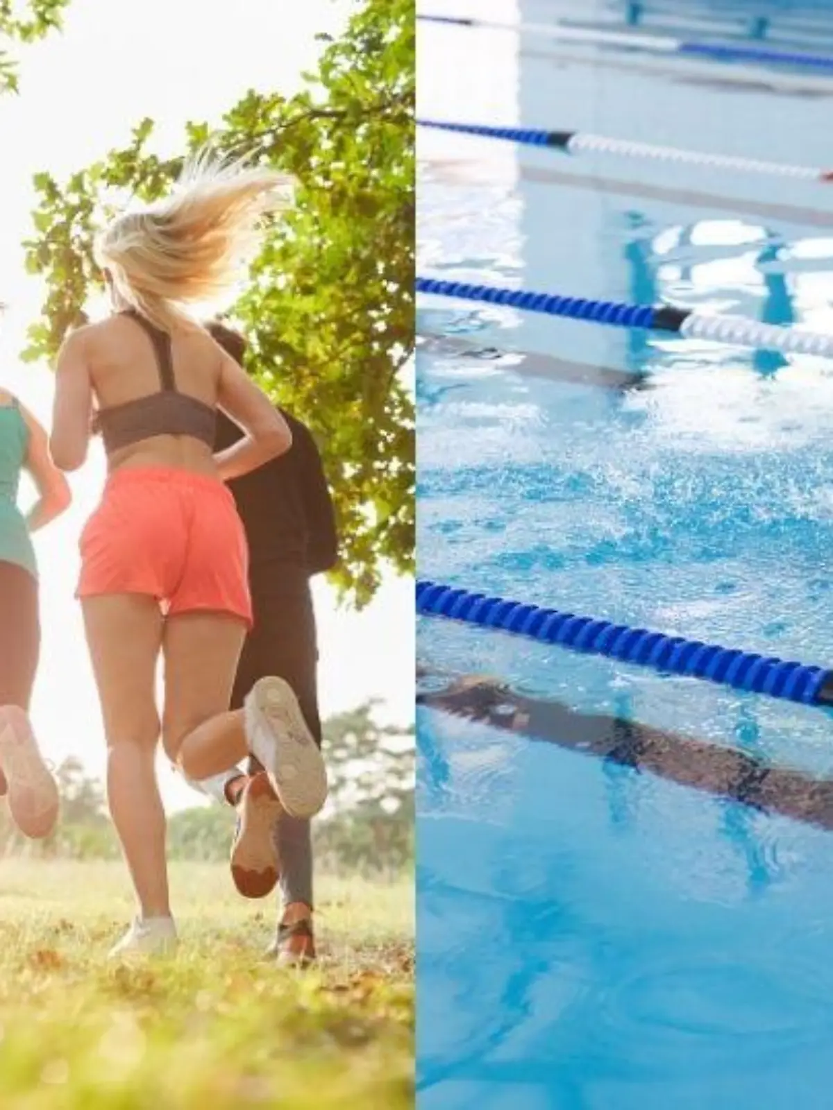 Gruppe junger Leute beim Geländelauf oder beim Jogging in der Natur im Sommer / Caucasian female athlete swimmer swimming laps in a pool. She demonstrates a strong freestyle stroke in an indoor swimming facility.