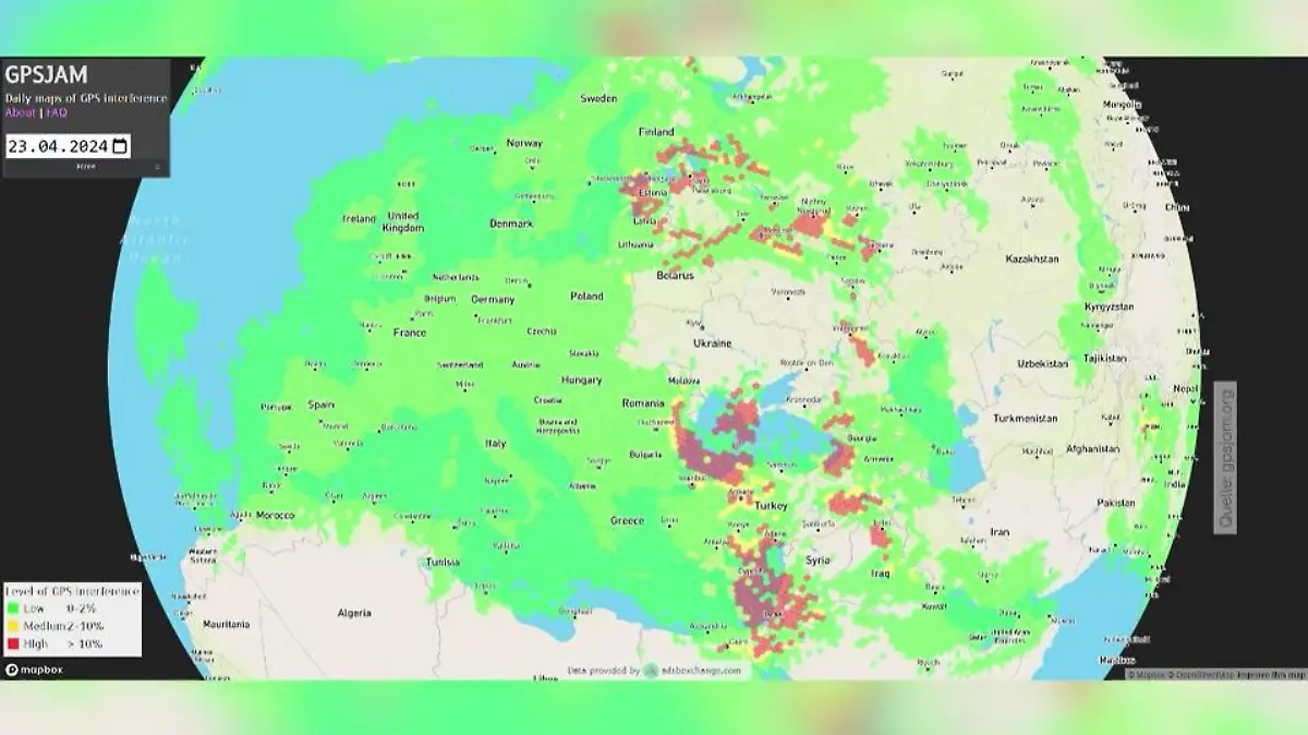 Eine Karte vom 23.4. zeigt, wo es in Europa GPS-Störsignale gab.