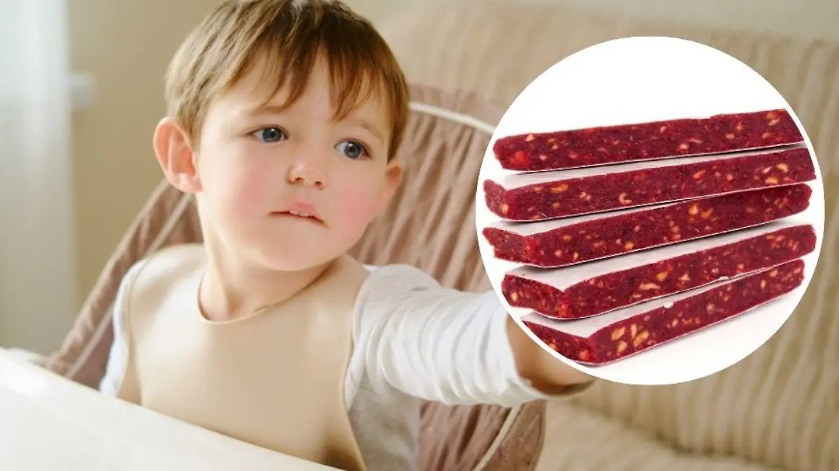 Collage: Kleiner Junge im Hochsitz und Kinder-Fruchtriegel in einem Kreis