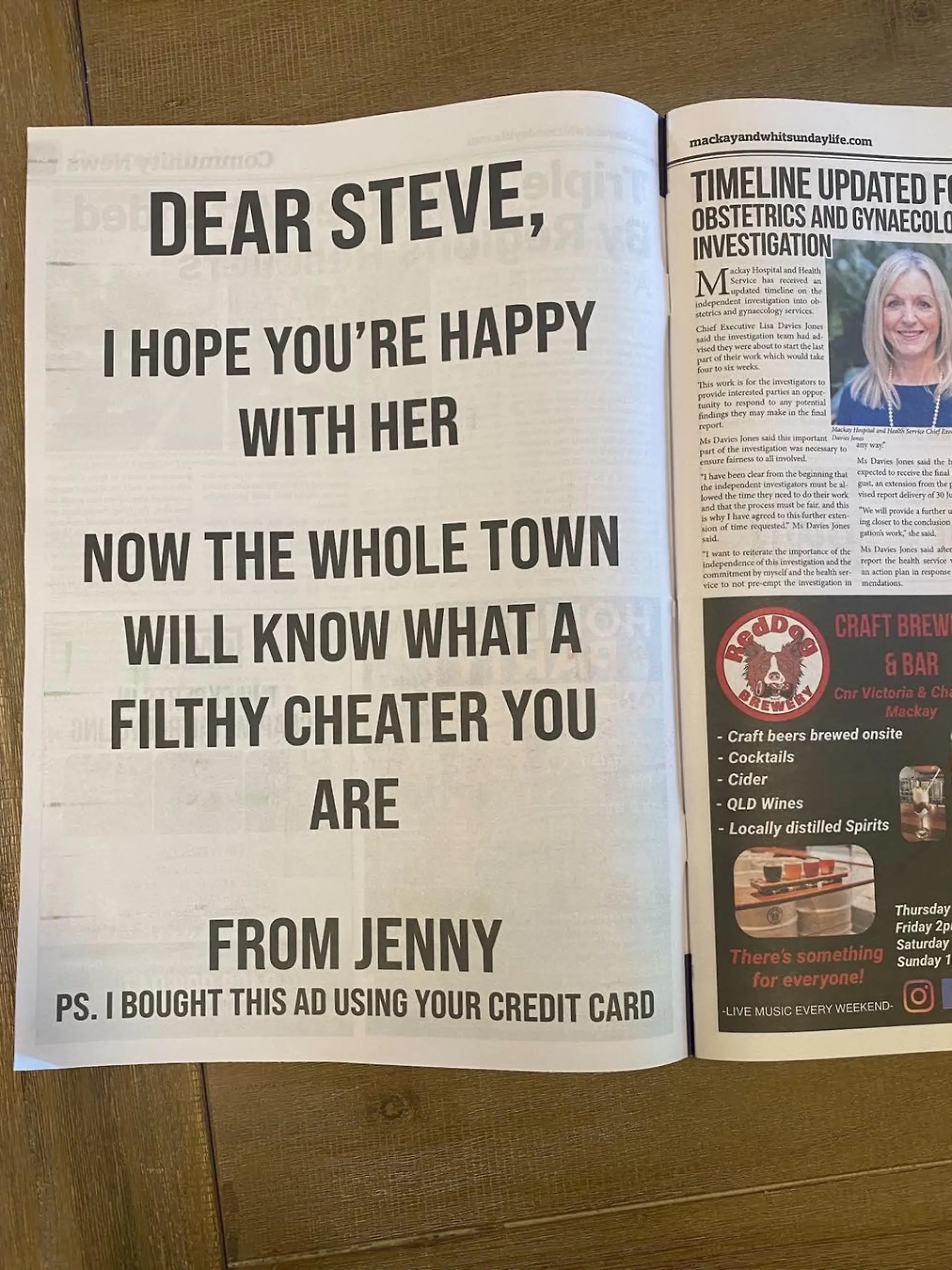 Zeitungsanzeige von Jenny an Steve