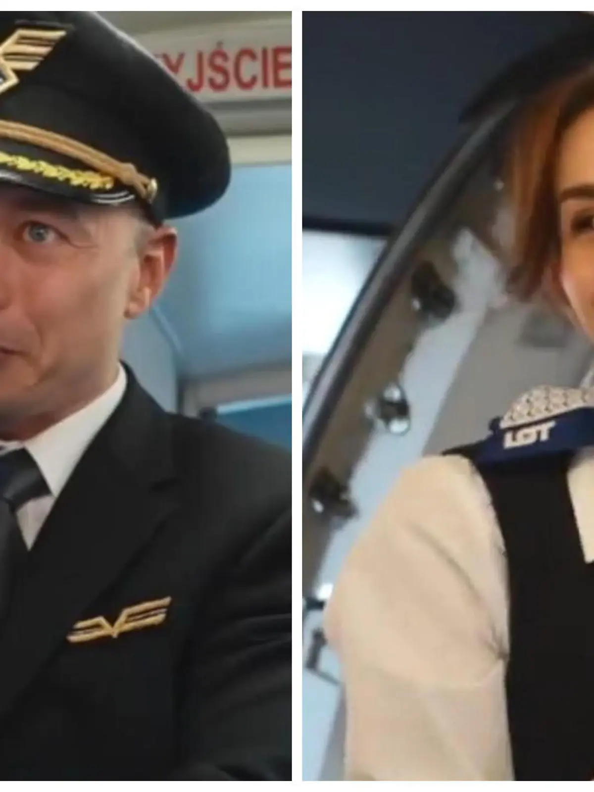 Ein Pilot und eine Stewardess im Flugzeug.