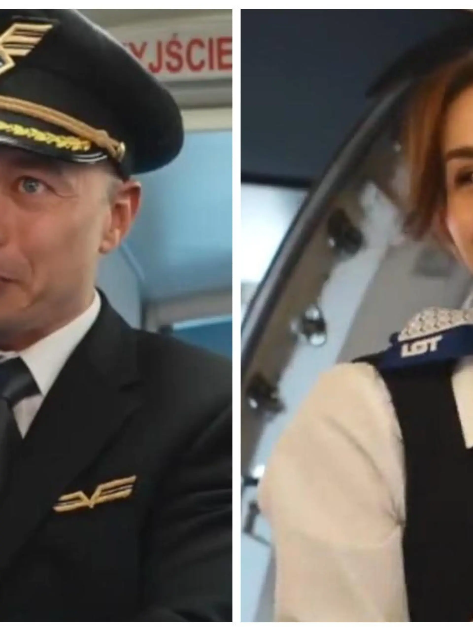 Ein Pilot und eine Stewardess im Flugzeug.