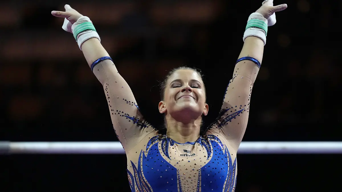 Elisabeth Seitz of Germany competes in the women's team final during the European Gymnastics Championships in Munich, Germany, Saturday, Aug. 13, 2022. (AP Photo/Matthias Schrader)