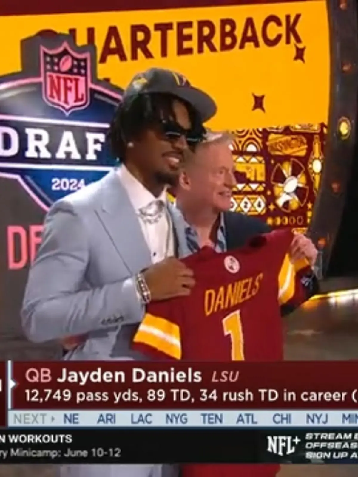 Die Washington Commanders dürfen als zweites wählen und entscheiden sich für den 23-jährigen Quarterback Jayden Daniels.