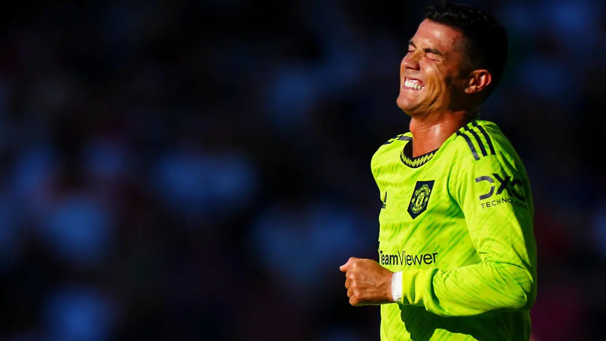  Mandatory Credit: Photo by Javier Garcia/Shutterstock 13079041x Cristiano Ronaldo of Manchester United, ManU reacts Brentford v Manchester United, Premier League, Football, Brentford Community Stadium, London, UK - 13 Aug 2022 EDITORIAL USE ONLY No use with unauthorised audio, video, data, fixture lists, club/league logos or live services. Online in-match use limited to 120 images, no video emulation. No use in betting, games or single club/league/player publications. Brentford v Manchester United, Premier League, Football, Brentford Community Stadium, London, UK - 13 Aug 2022 EDITORIAL USE ONLY No use with unauthorised audio, video, data, fixture lists, club/league logos or live services. Online in-match use limited to 120 images, no video emulation. No use in betting, games or single club/league/player publications. PUBLICATIONxINxGERxSUIxAUTXHUNxGRExMLTxCYPxROMxBULxUAExKSAxONLY Copyright: xJavierxGarcia/Shutterstockx 13079041x