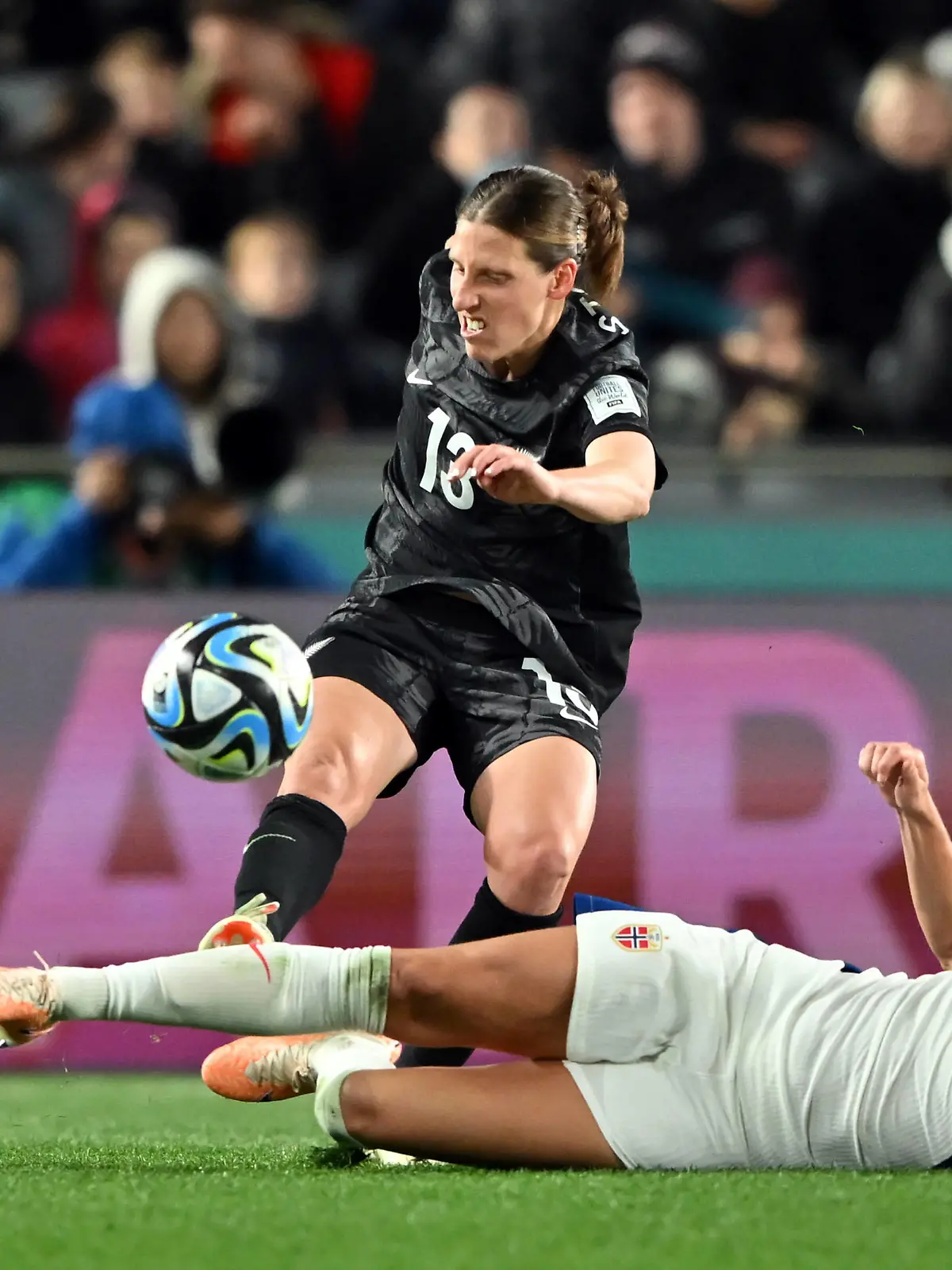 200723 KAI SCHWOERER Rebekah Stott of New Zealand is challenged by Ada Hegerberg of Norway during the FIFA Women s World Cup Group A match between New Zealand and Norway at Eden Park on July 20, 2023 in Auckland, New Zealand. 200723-CPL-NZLvNOR-021