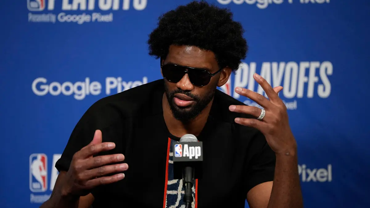 Philadelphia 76ers' Joel Embiid speaks during a news conference after Game 3 in an NBA basketball first-round playoff series against the New York Knicks, Thursday, April 25, 2024, in Philadelphia. (AP Photo/Matt Slocum)