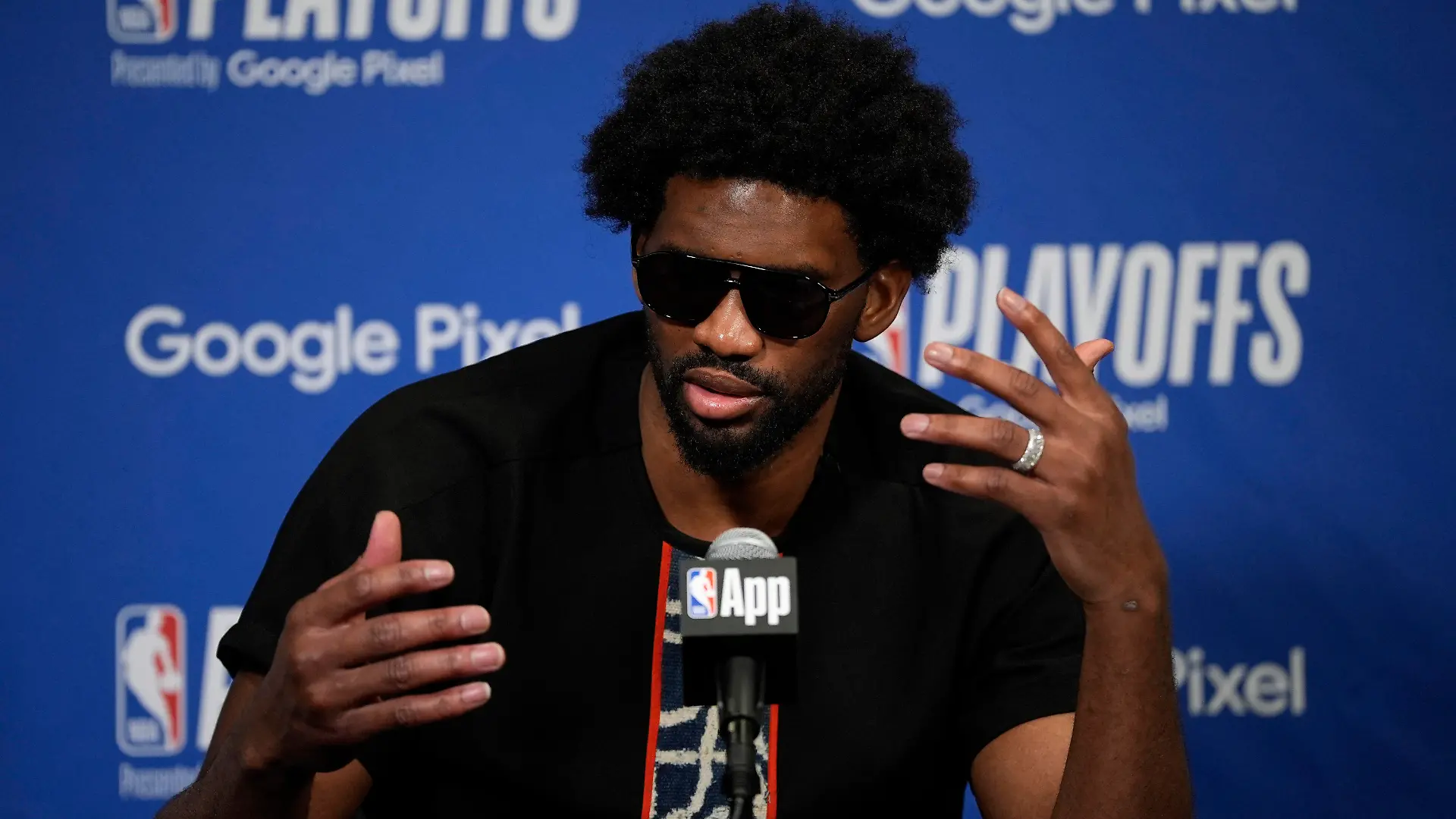 Philadelphia 76ers' Joel Embiid speaks during a news conference after Game 3 in an NBA basketball first-round playoff series against the New York Knicks, Thursday, April 25, 2024, in Philadelphia. (AP Photo/Matt Slocum)
