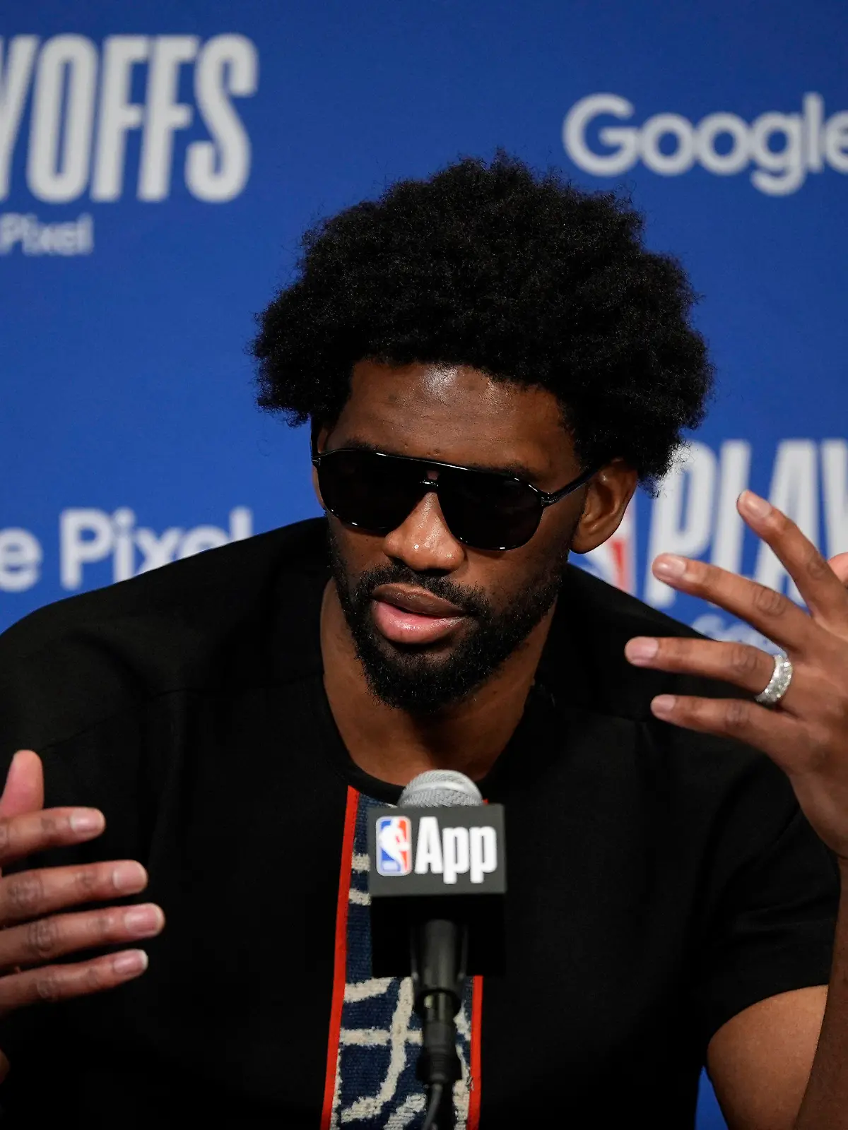 Philadelphia 76ers' Joel Embiid speaks during a news conference after Game 3 in an NBA basketball first-round playoff series against the New York Knicks, Thursday, April 25, 2024, in Philadelphia. (AP Photo/Matt Slocum)