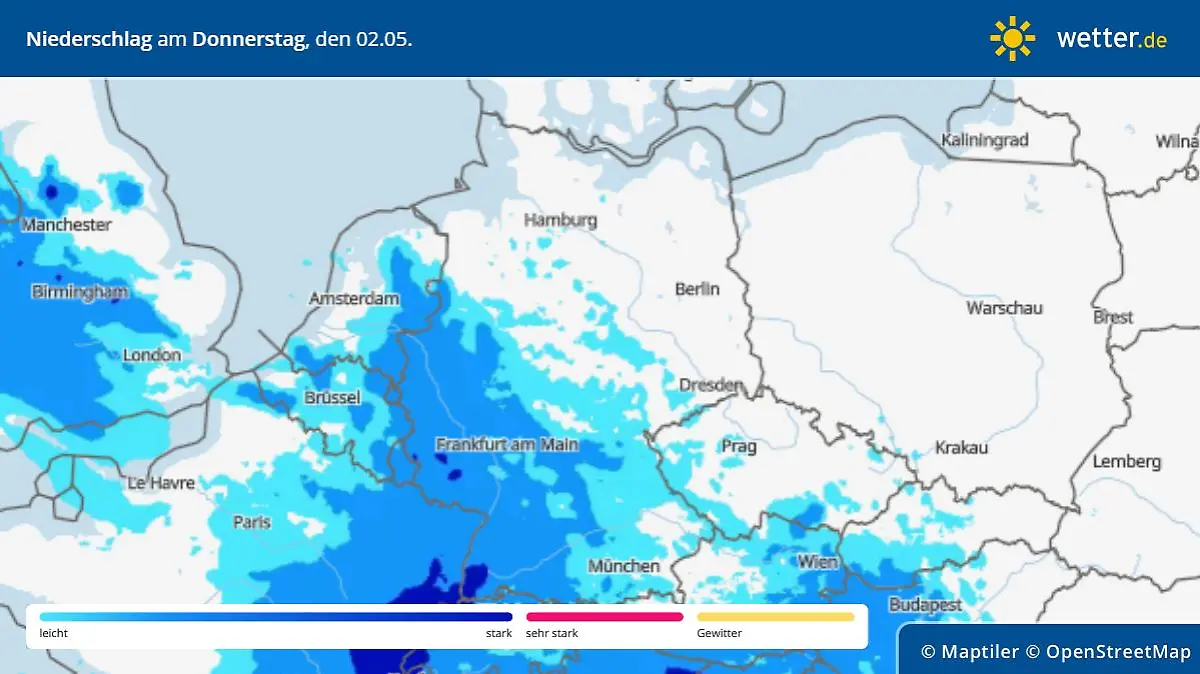 Niederschlag am Donnerstag, 2. Mai, in Deutschland